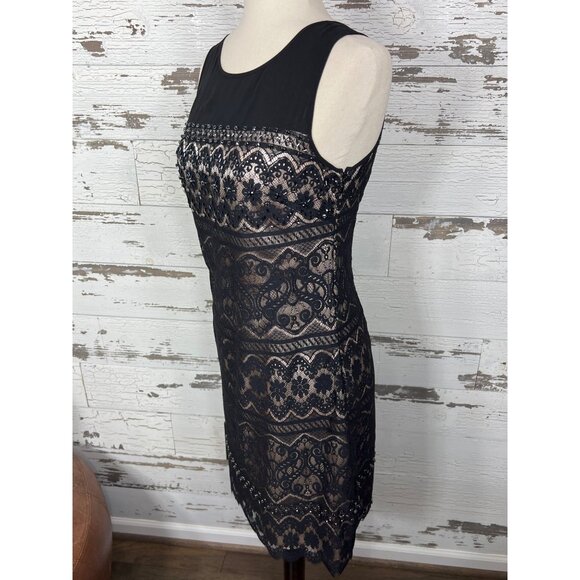 LAUNDRY BY SHELLI SEGAL Lace Illusion Beaded Sleeveless Dress Black Sz 4 EUC - Picture 3 of 6